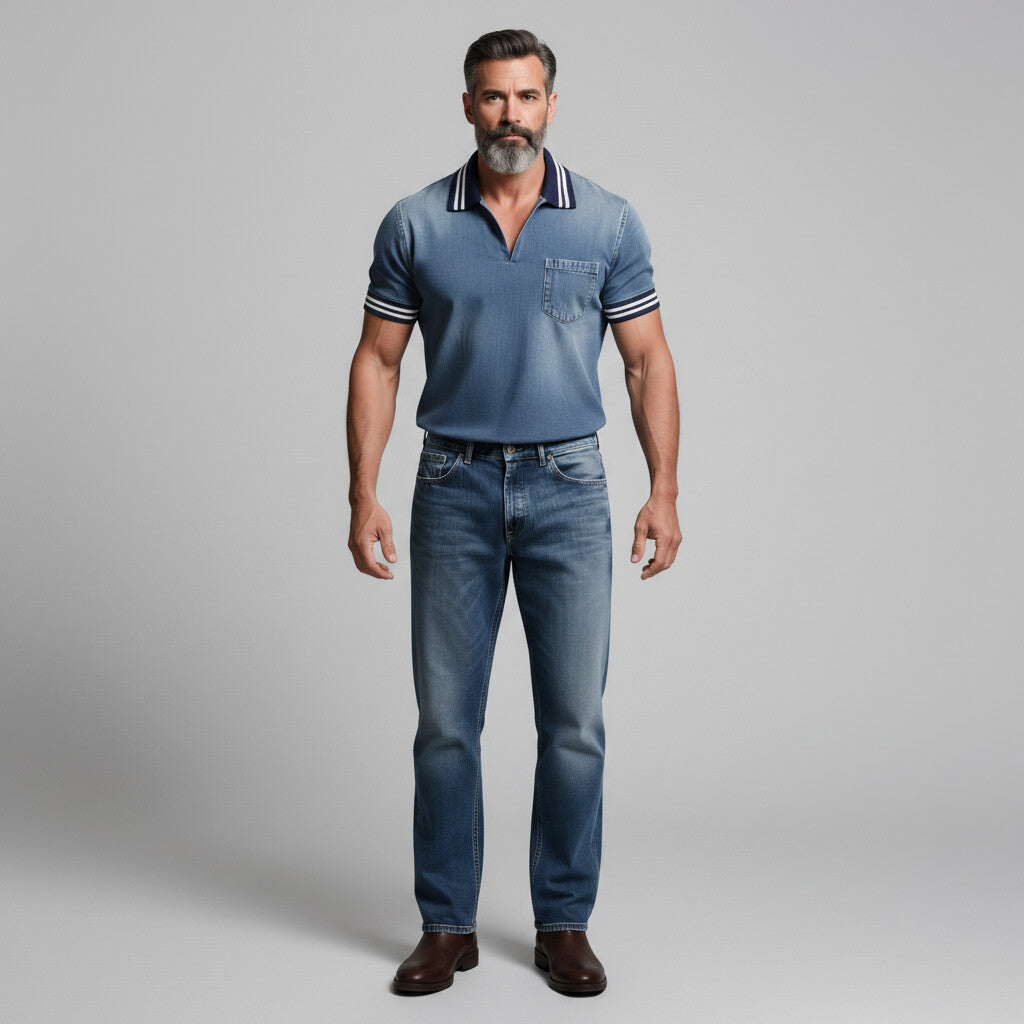 Men's Contrast Striped Turndown Collar Short Sleeve Patch Pocket Denim Polo Shirt
