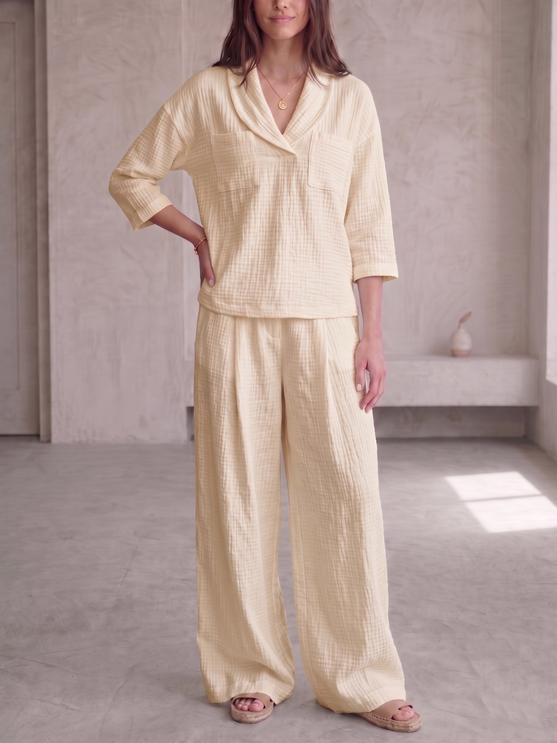 Clearance Sale🔥 Women's Peter Pan Collar V-Neck 3/4-Sleeve Cotton-Linen Two-Piece Set