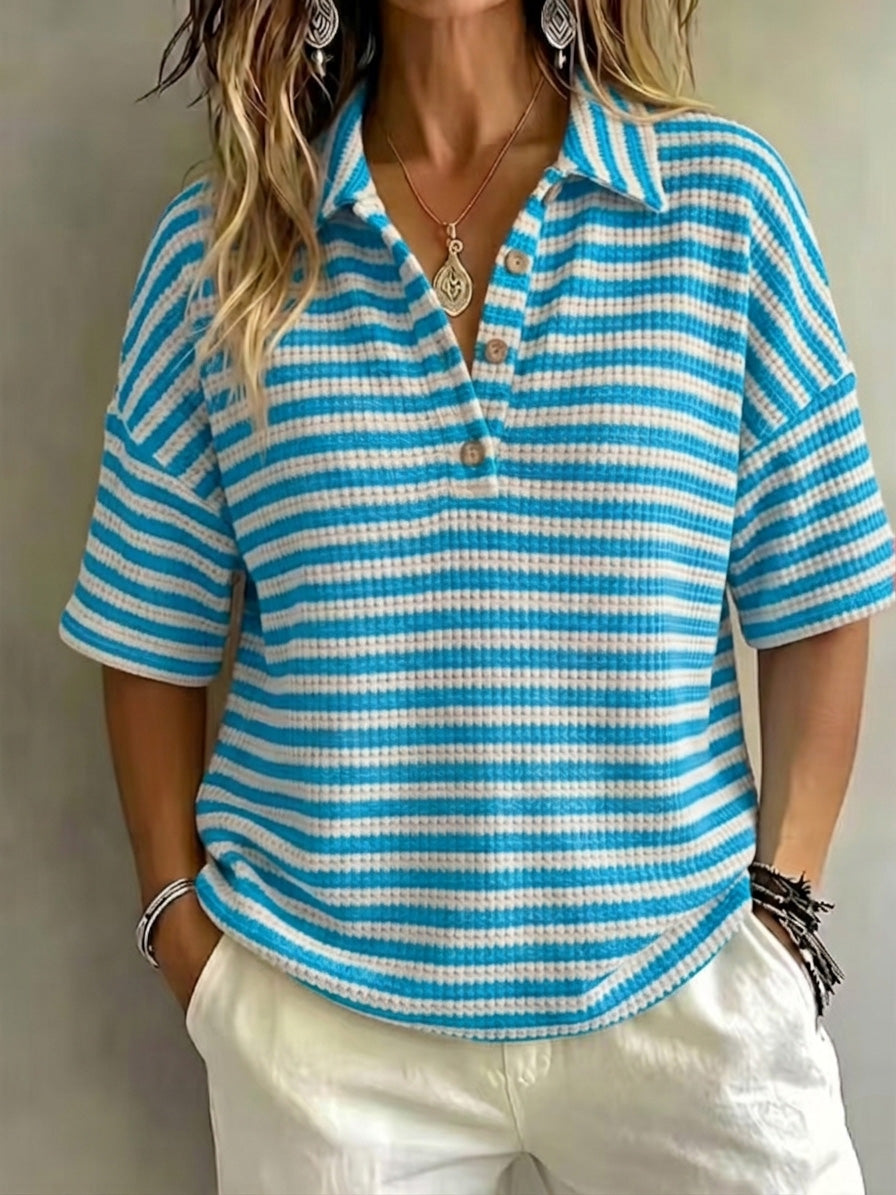 CLEARANCE SALE Women'S Fashion Striped Waffle Short-Sleeved Polo Shirt