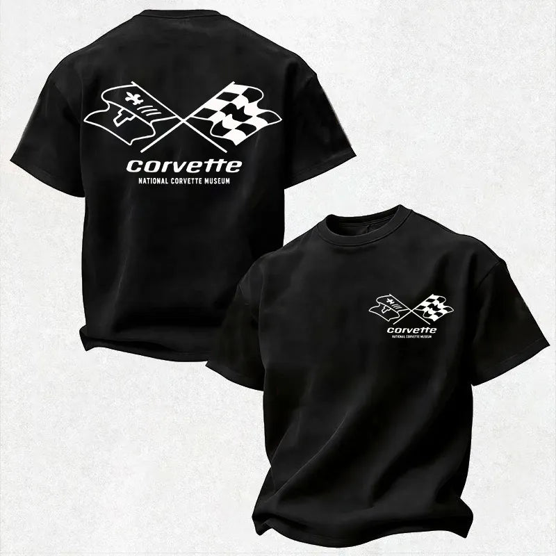 Vette NATIONAL VETTE MUSEUM C1 First Generation Line Art Crossed Flags Logo Cotton Print Men's T-shirt
