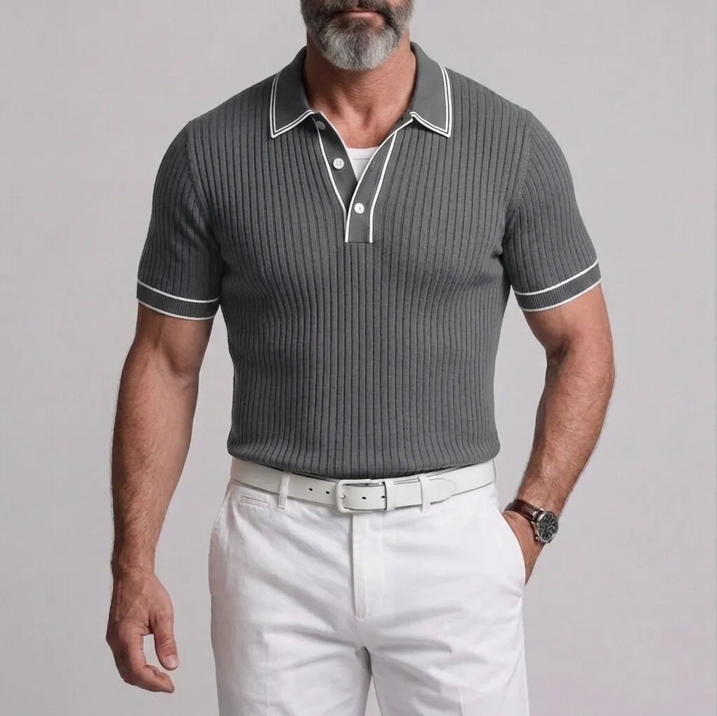 Men's Casual Navy Blue Ribbed Knit Contrast Binding Slim Fit Polo Shirt