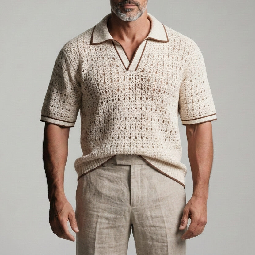 Men's Beige Contrast Binding Turndown Collar Crochet Knit Polo Shirt