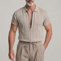Men's Solid Color Cable Knit Texture Turndown Collar Zipper Short Sleeve Shirt