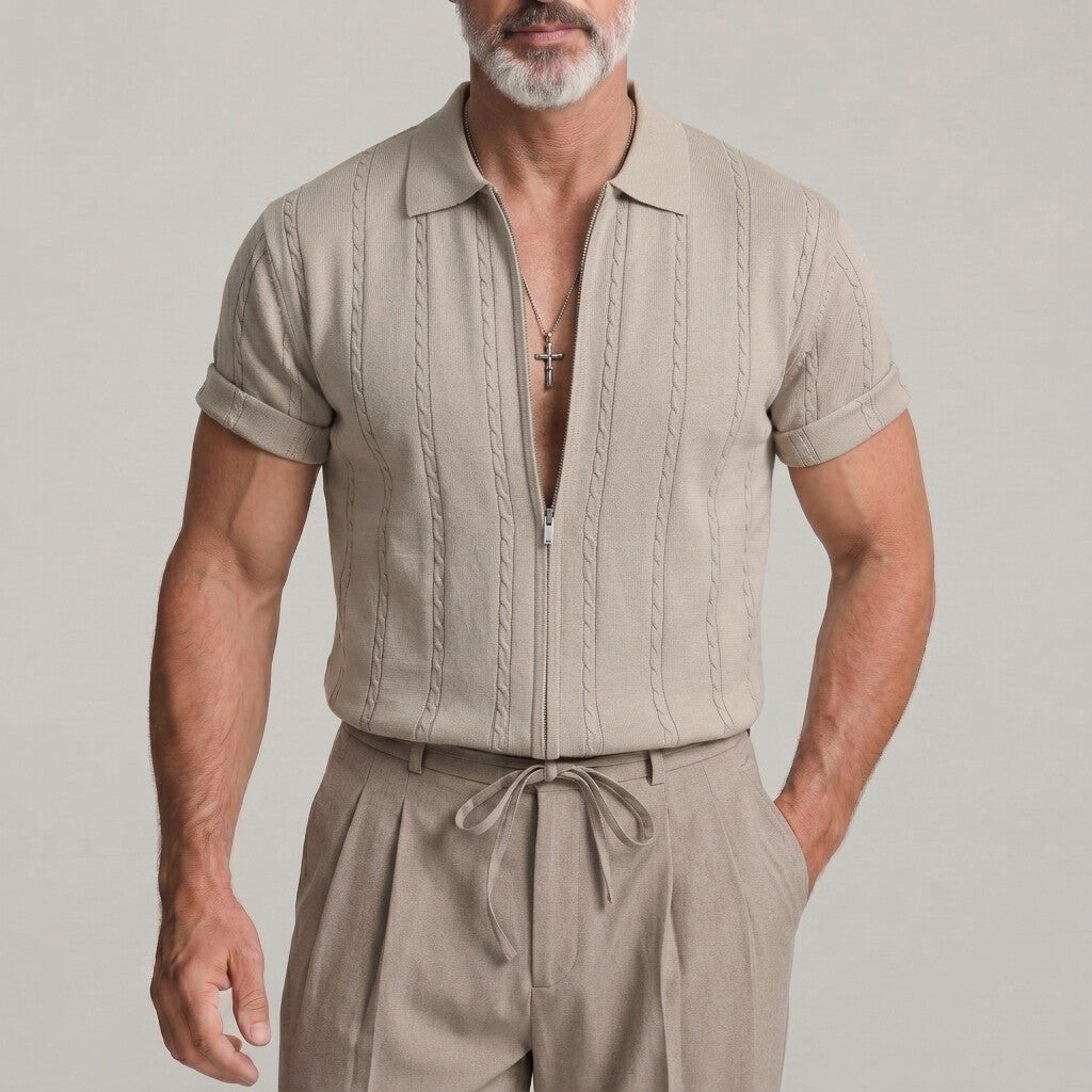 Men's Solid Color Cable Knit Texture Turndown Collar Zipper Short Sleeve Shirt