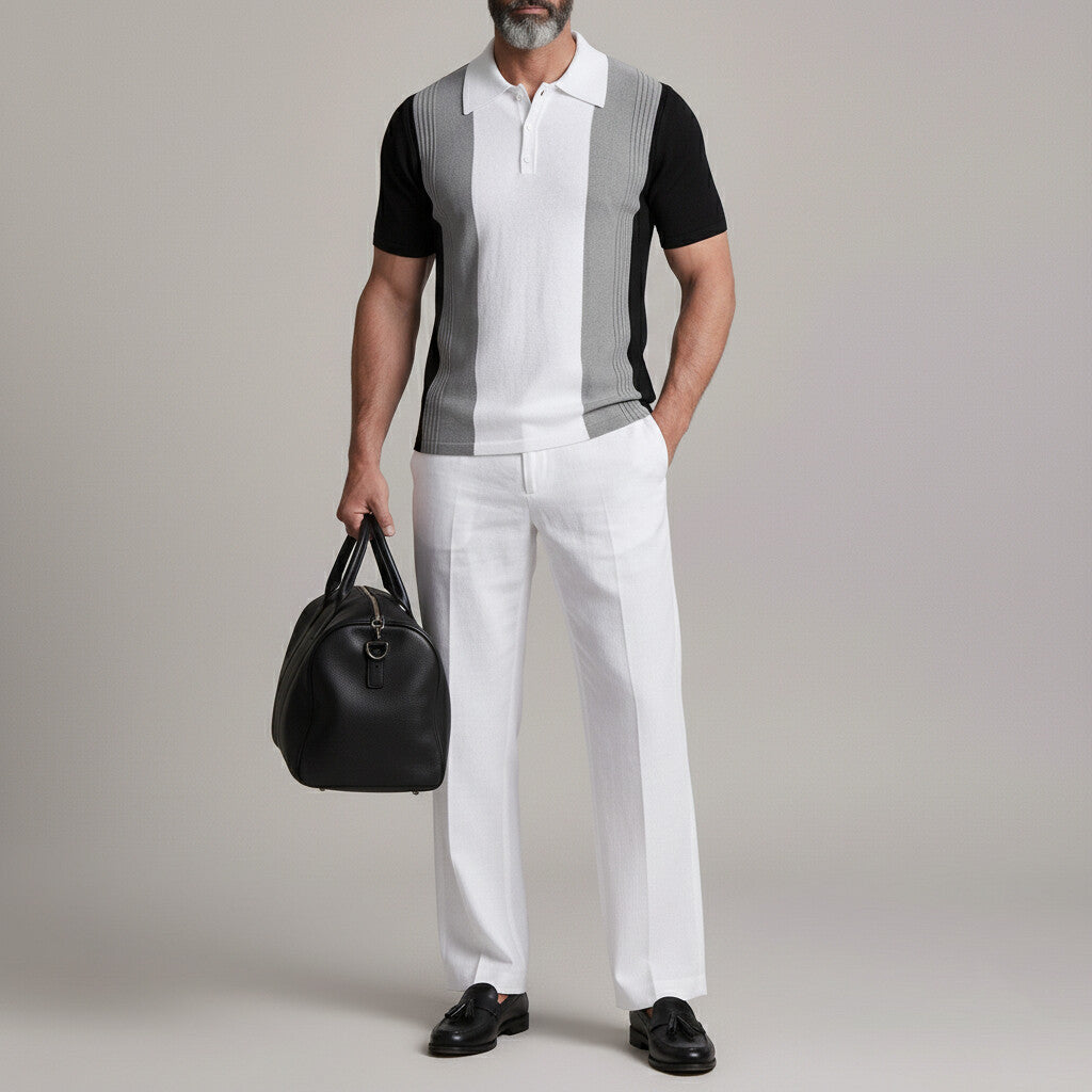 Men's Business Casual Colorblock Turndown Collar Slim Fit Polo Shirt