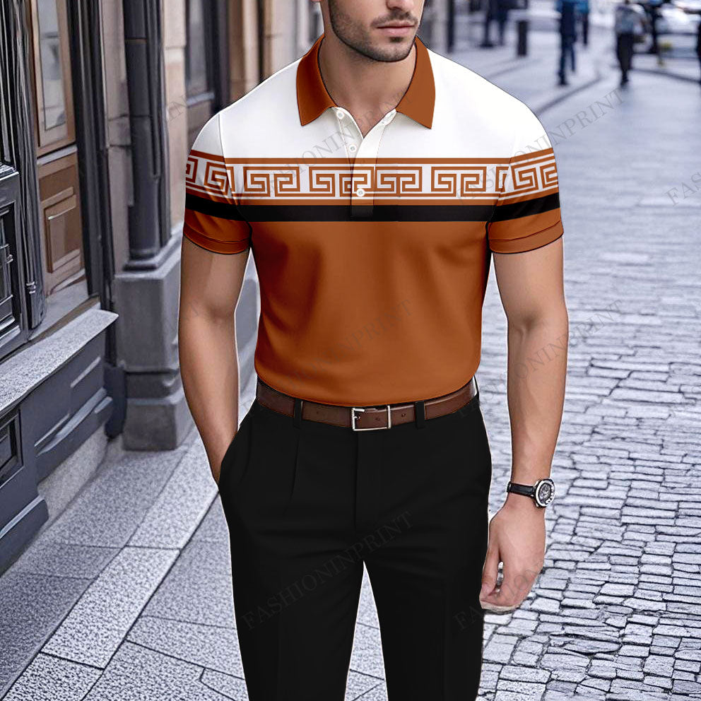 Men's Casual Brown And White Printed Short-Sleeve Polo Shirt