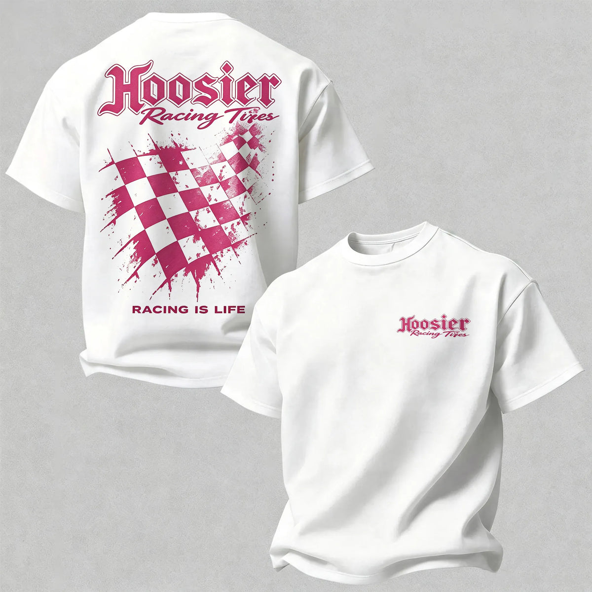 Pink Checkered Heart-Print Racing T-Shirt