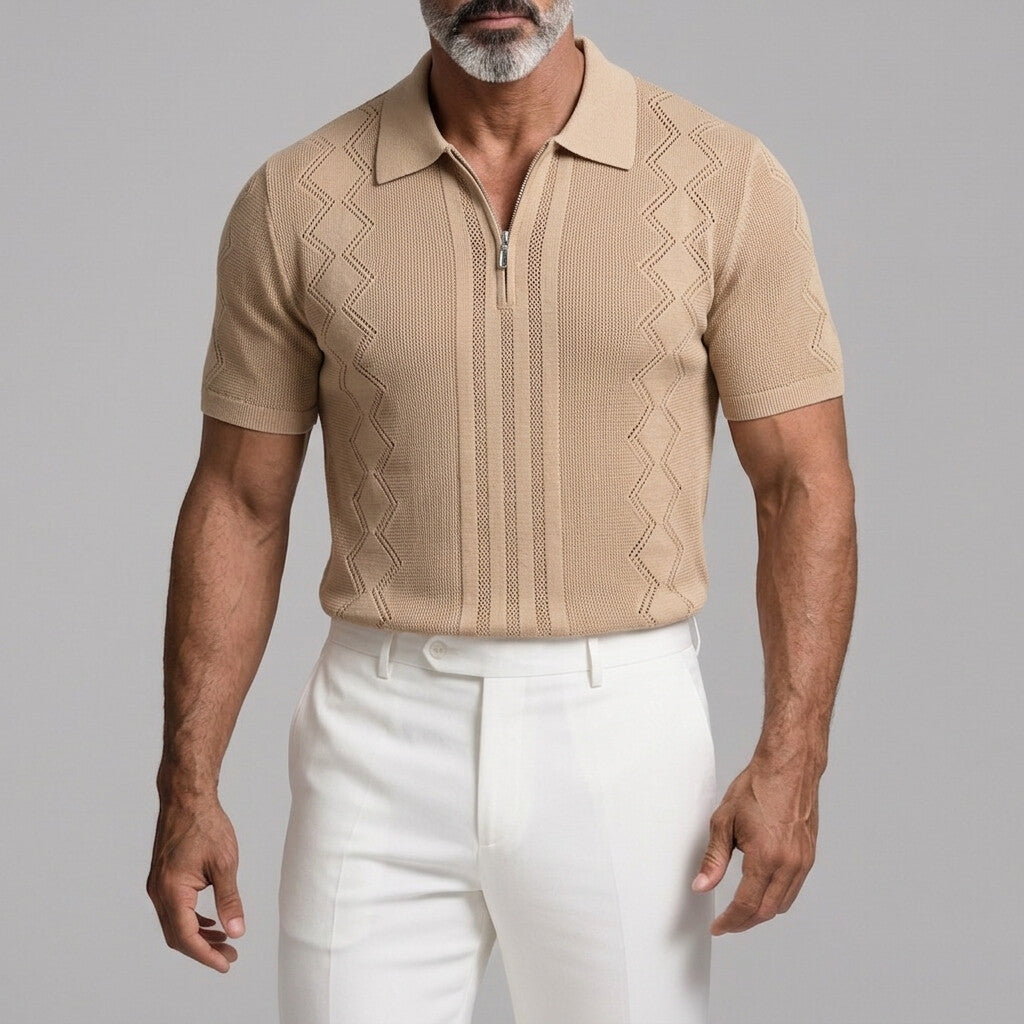 Men's Casual Solid Color Zipper Slim Fit Pullover Knit Polo Shirt