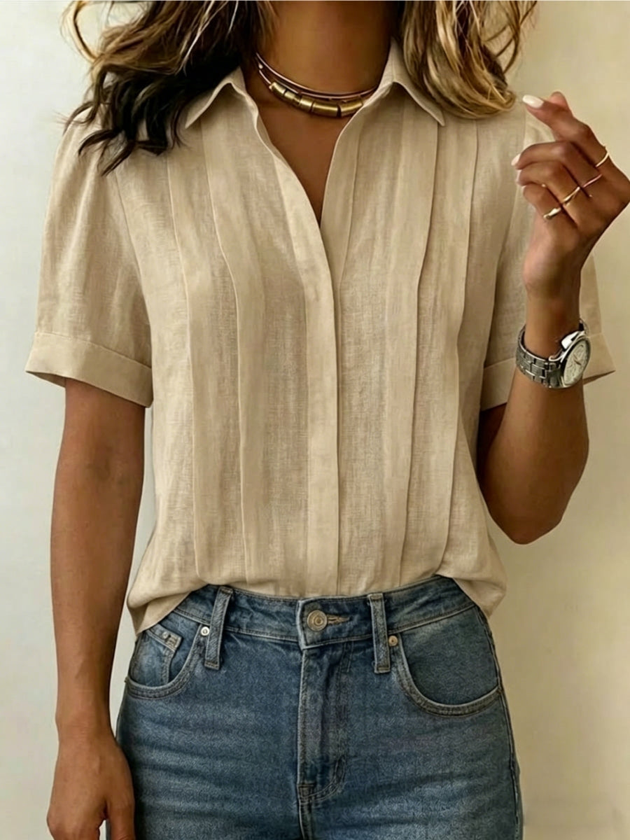Clearance Sale🔥 Women's Lapel Short-sleeved Casual Loose Pleated Cotton And Linen Shirt T Shirts