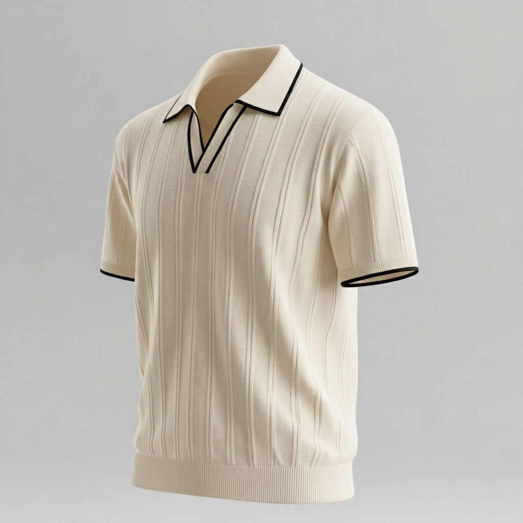 Men's Classic Beige Pit Stripe Contrast Binding Knitted Polo Shirt