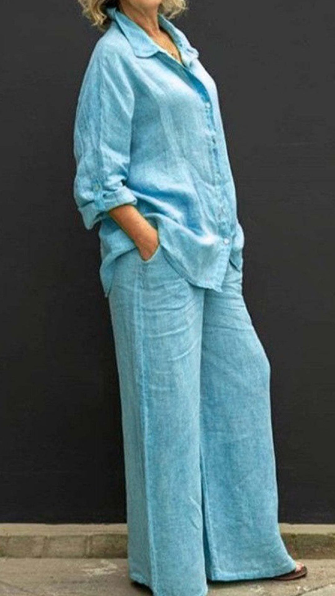 Women's Linen Lapel Shirt & Wide-Leg Pants Two-Piece Set
