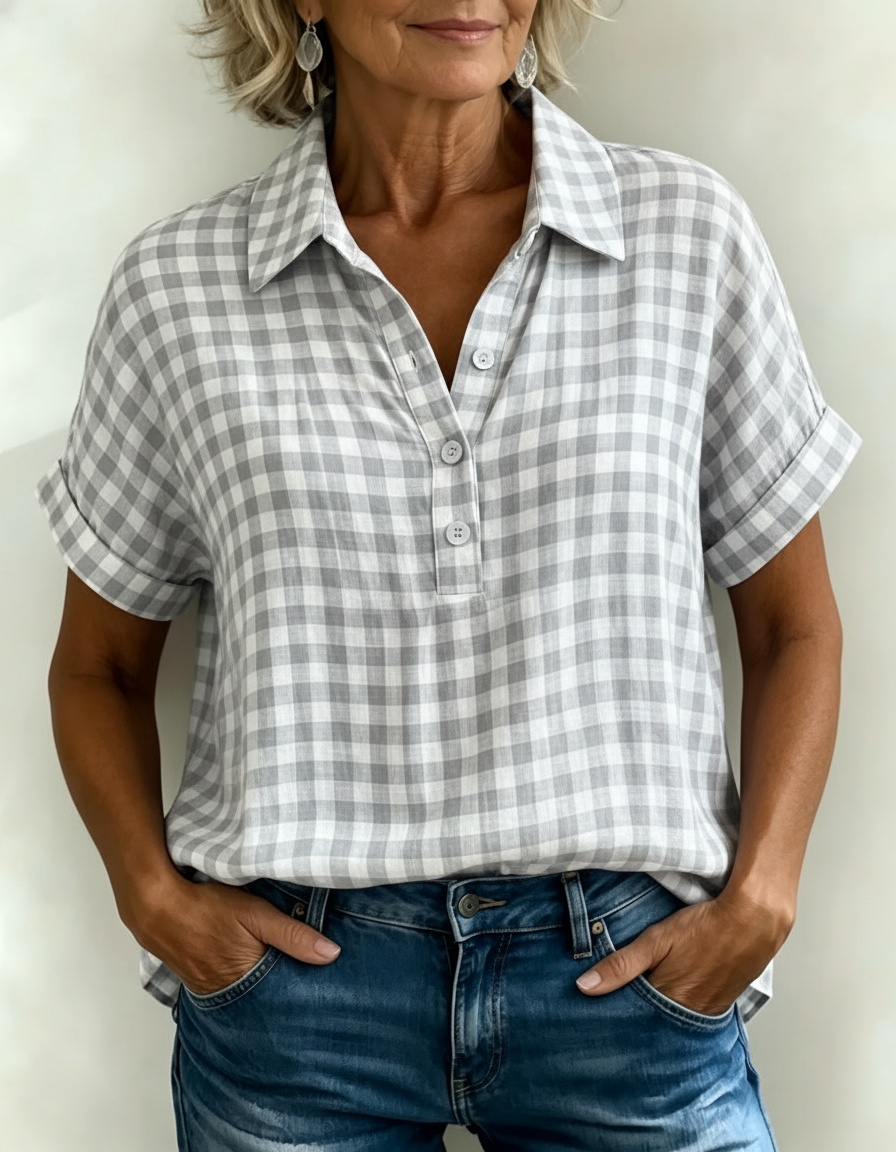 Casual Gingham Cotton-Linen Blouse