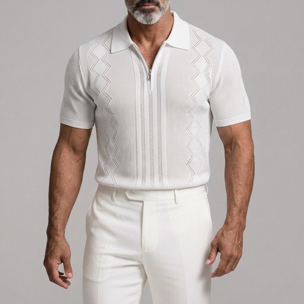 Men's Casual Solid Color Zipper Slim Fit Pullover Knit Polo Shirt