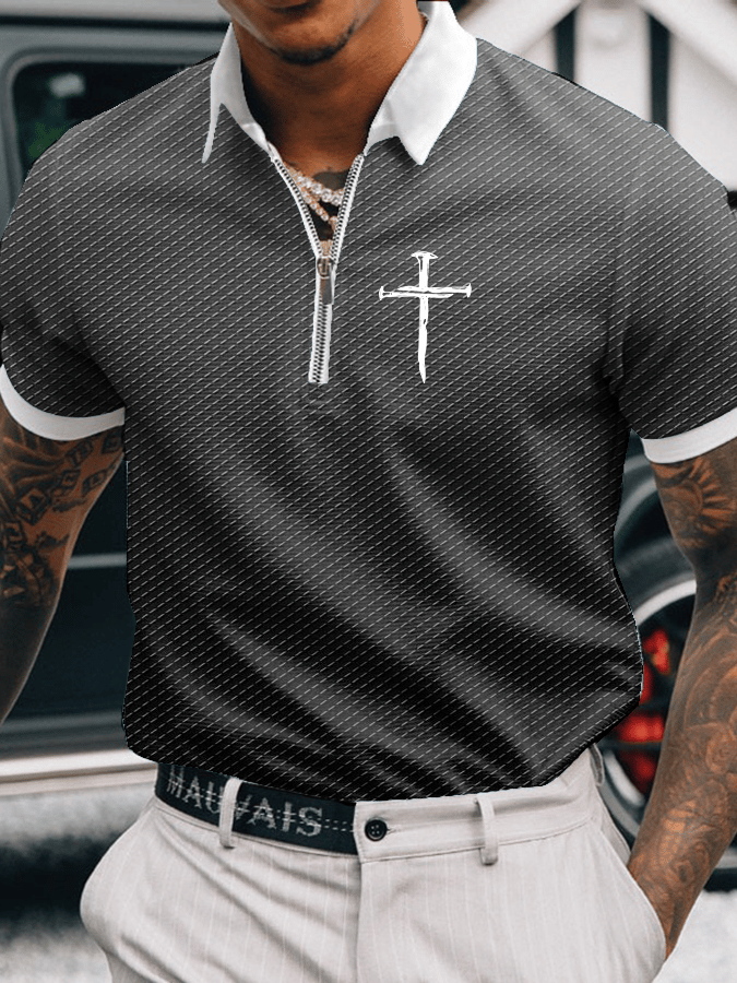 Men's Faith Printed Casual Zip-Up Polo Shirt