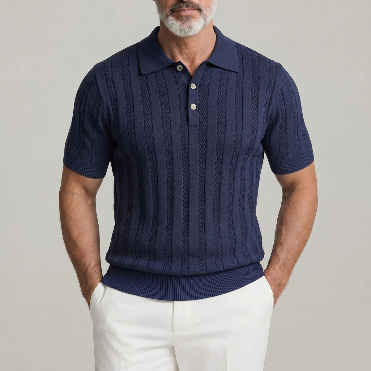 Men's Casual Turndown Collar Pit Stripe Herringbone Pattern Knitted Polo Shirt