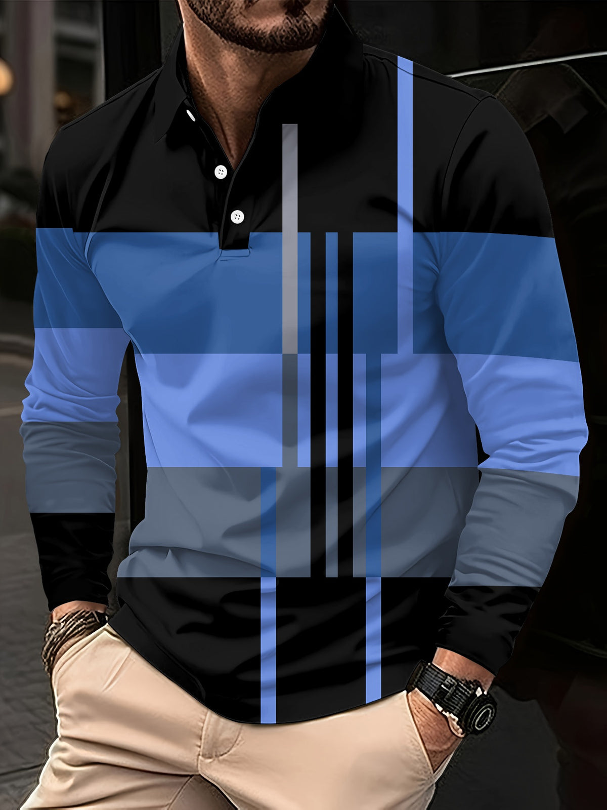 Men's Casual Multi Purple Color Matching Geometric Printed Zipper Long Sleeved Polo Shirt