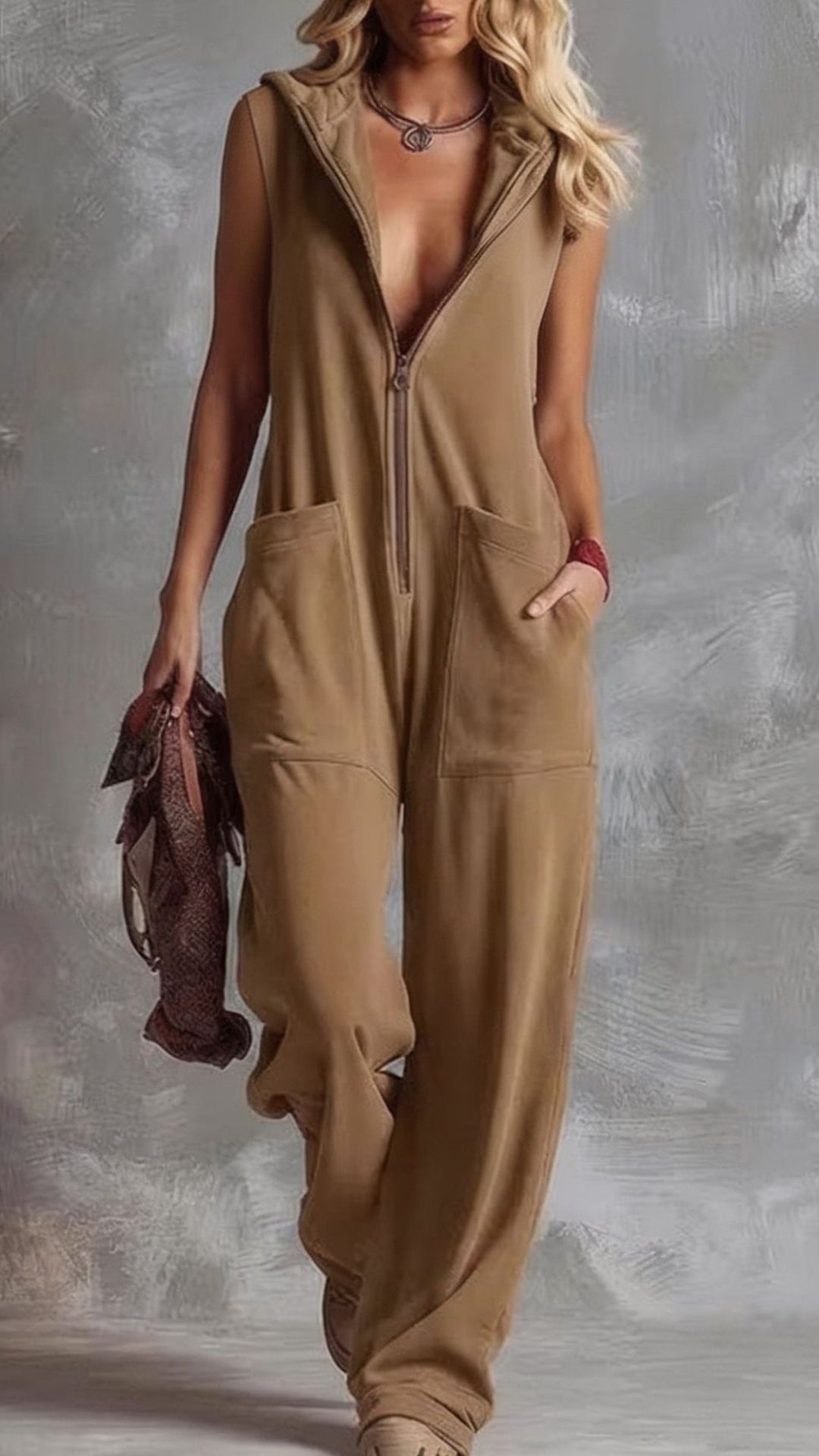 Women's  Cotton-Blend Hooded Sleeveless Jumpsuit