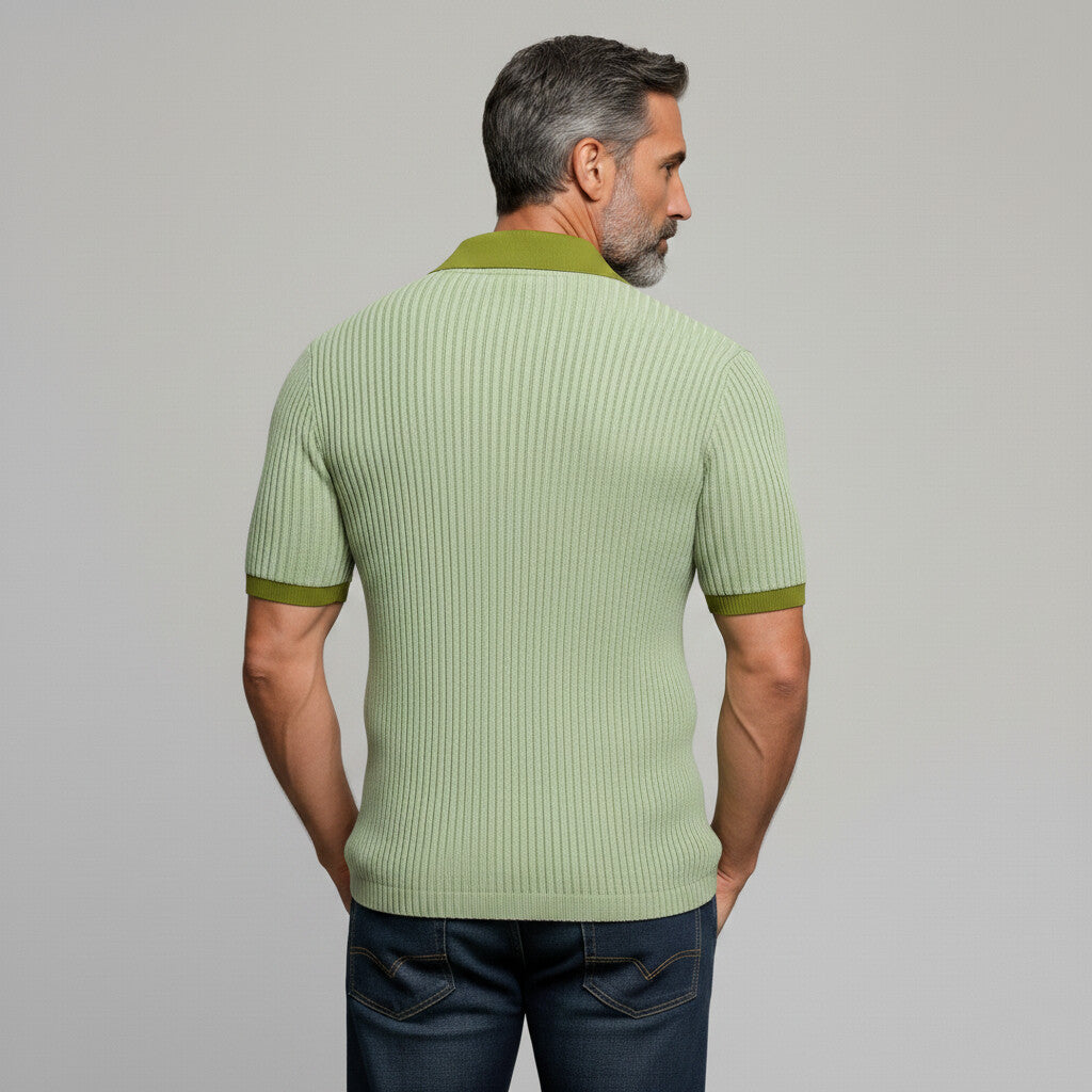 Men's Fashion Sage Green Contrast Trim Diagonal Placket Ribbed Polo Shirt
