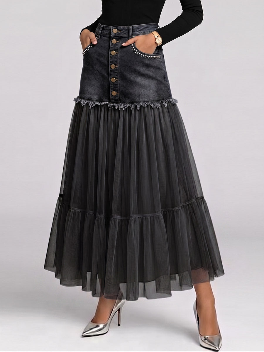 Women's High-waisted Loose-fit Casual Denim-paneled Skirt