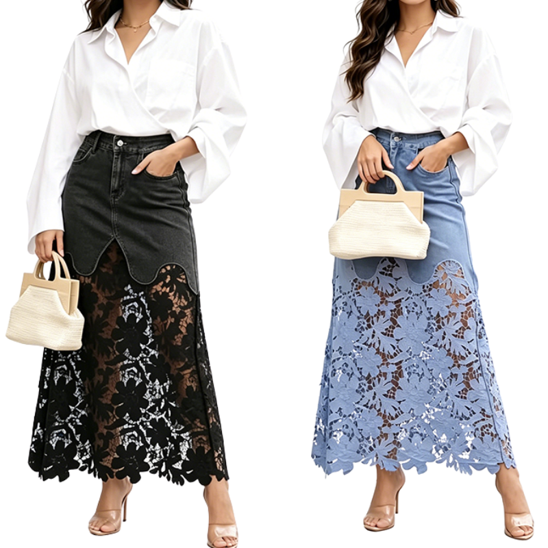 Elegant and Fashionable 💘 Women's Denim Bodycon Skirt with Lace Trim