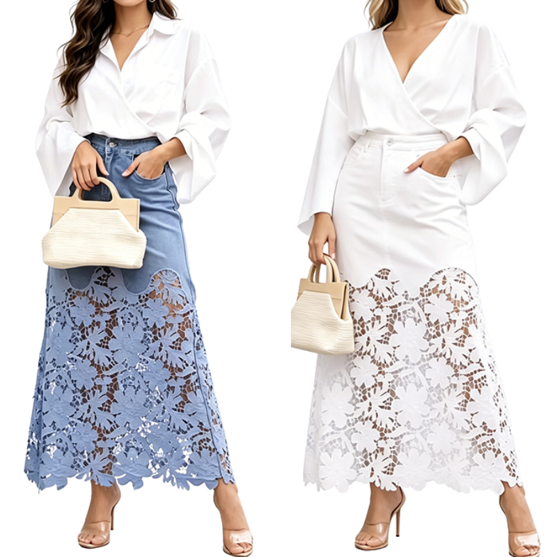 Elegant and Fashionable 💘 Women's Denim Bodycon Skirt with Lace Trim