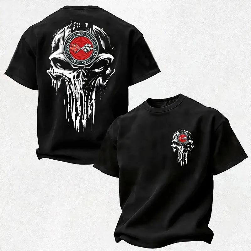 Vette Cross Flags Logo Motor Division Punisher Skull Vintage Cotton Print Men's T-Shirt