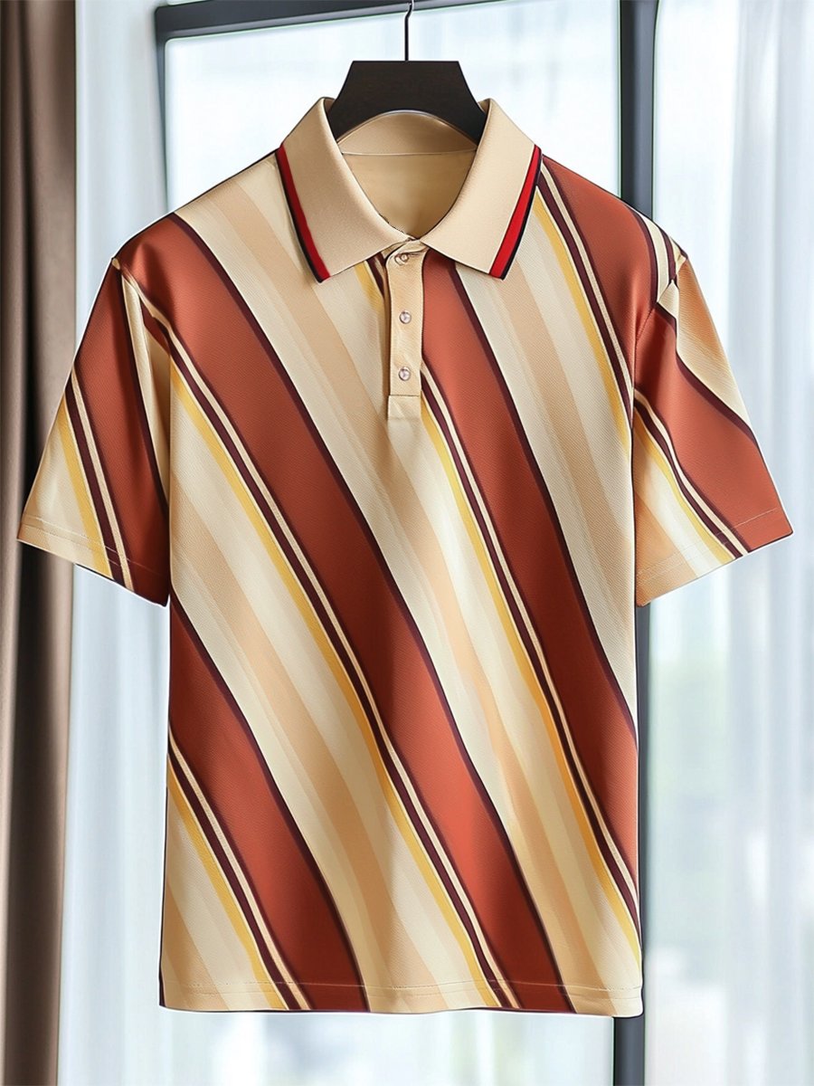 Men's Business Casual Stripe Print Button Short Sleeve Polo Shirt