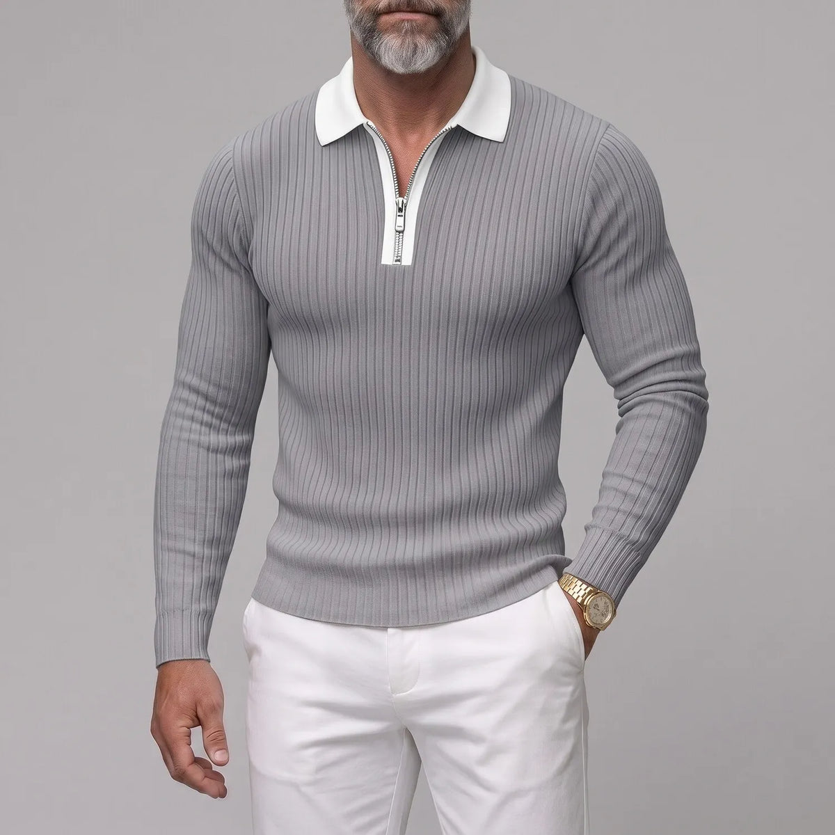 Men's Business Casual Solid Color Ribbed Knit Slim Zipper Long Sleeve Polo Shirt