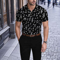 Men's Casual Black Music Symbol Printed Short-Sleeve Polo Shirt