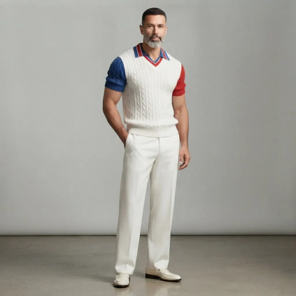 Men's Fashion White Cable Knit Colorblock Short Sleeve Polo Shirt