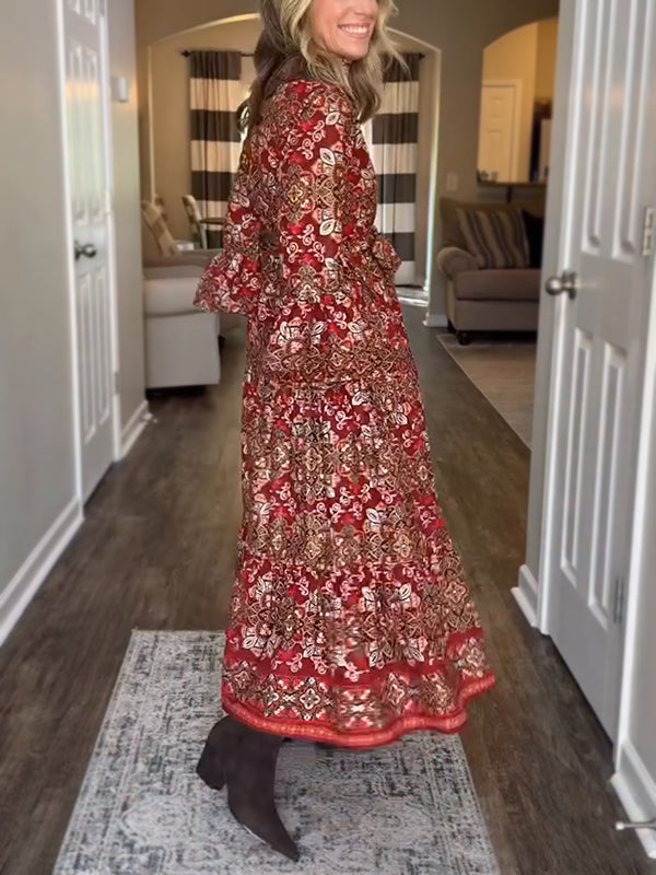 NEW🔥 Vintage Printed Long Sleeve Dress with Tie Belt