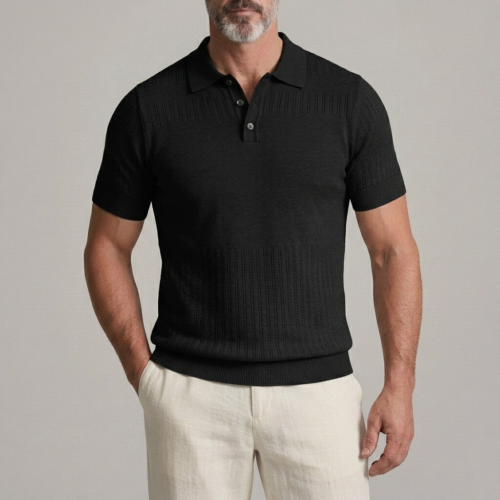 Men's Solid Color Turndown Collar Hollow Out Knit Texture Slim Polo Shirt