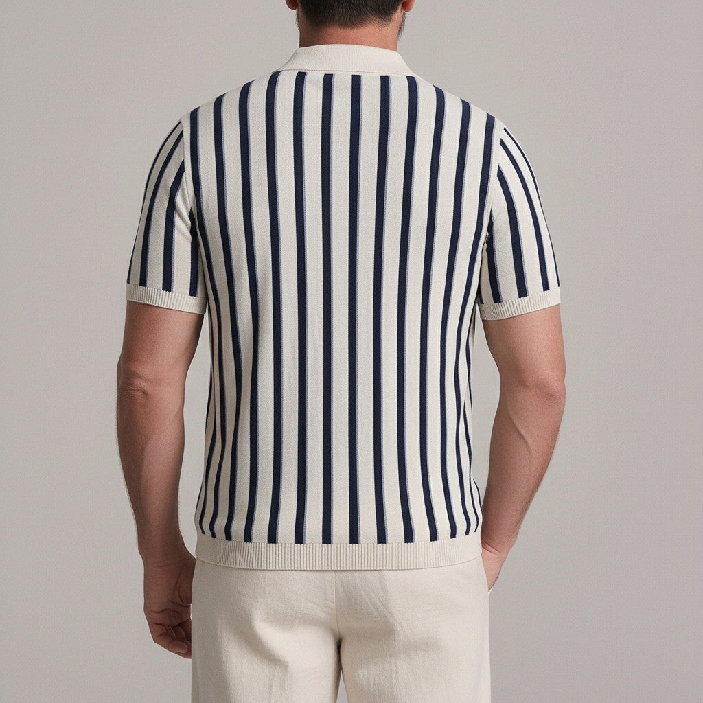 Men's Casual Contrast Striped Print Knitted Slim Polo Shirt