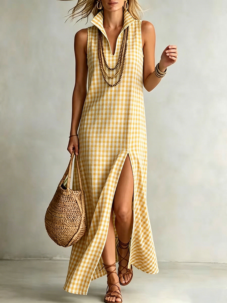 Elegant cotton-linen checkered print dress with a stand-up collar