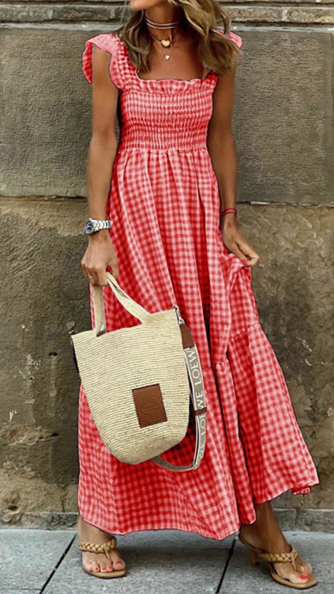 Women's  Beige Gingham Linen-Blend Maxi Dress