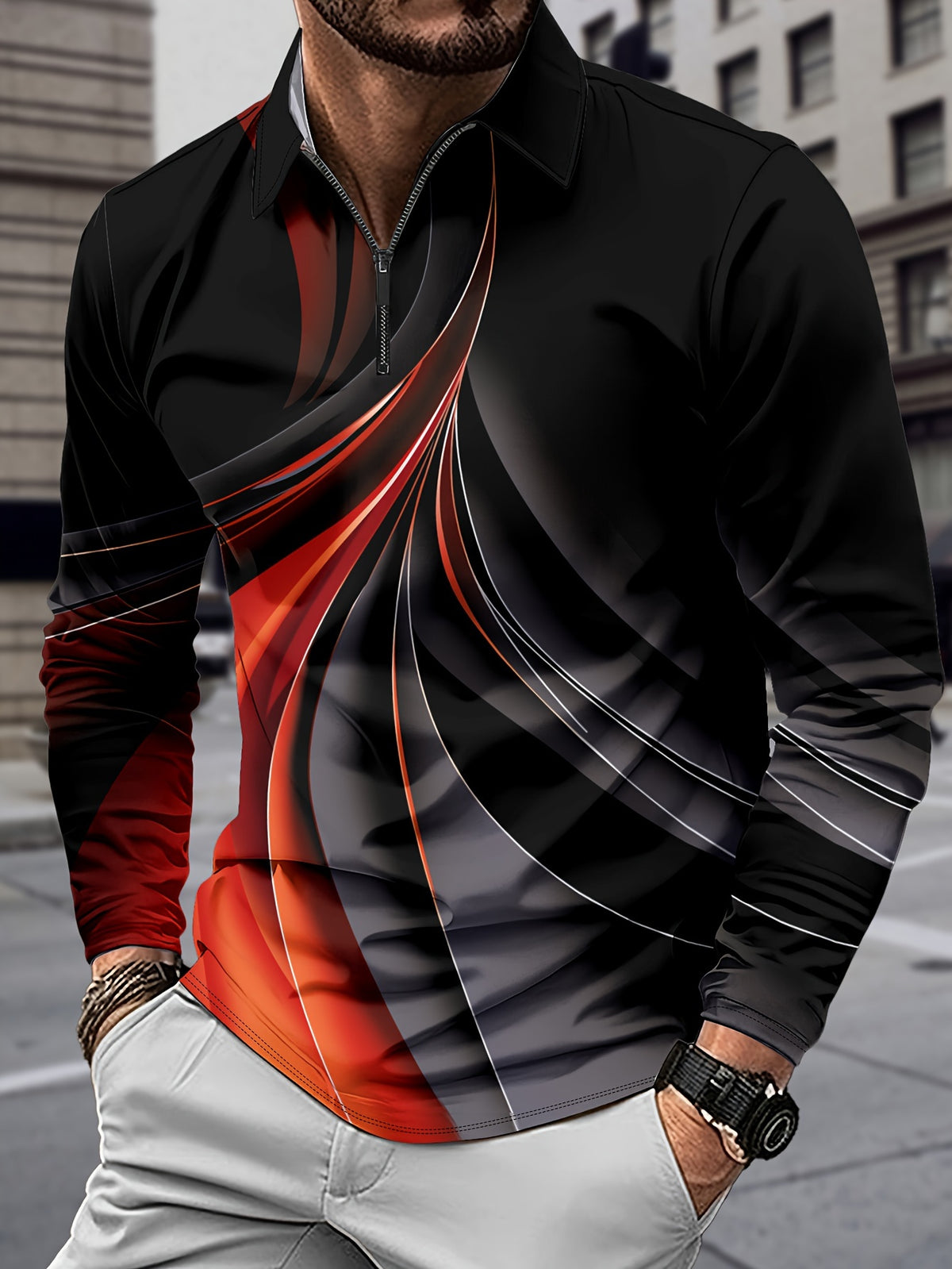 Men's Casual Black & Red Color Matching Printed Zipper Long Sleeved Polo Shirt