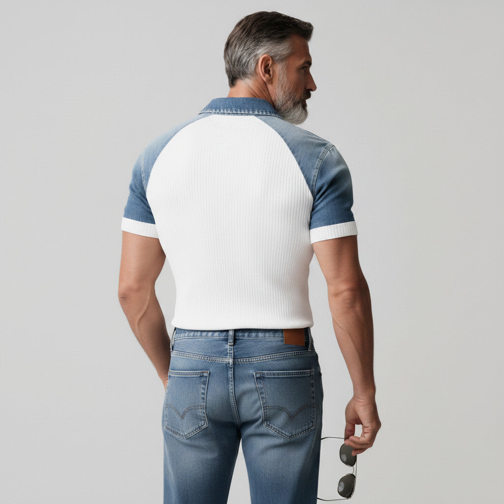 Men's White Ribbed Knit Denim Patchwork Short Sleeve Polo Shirt