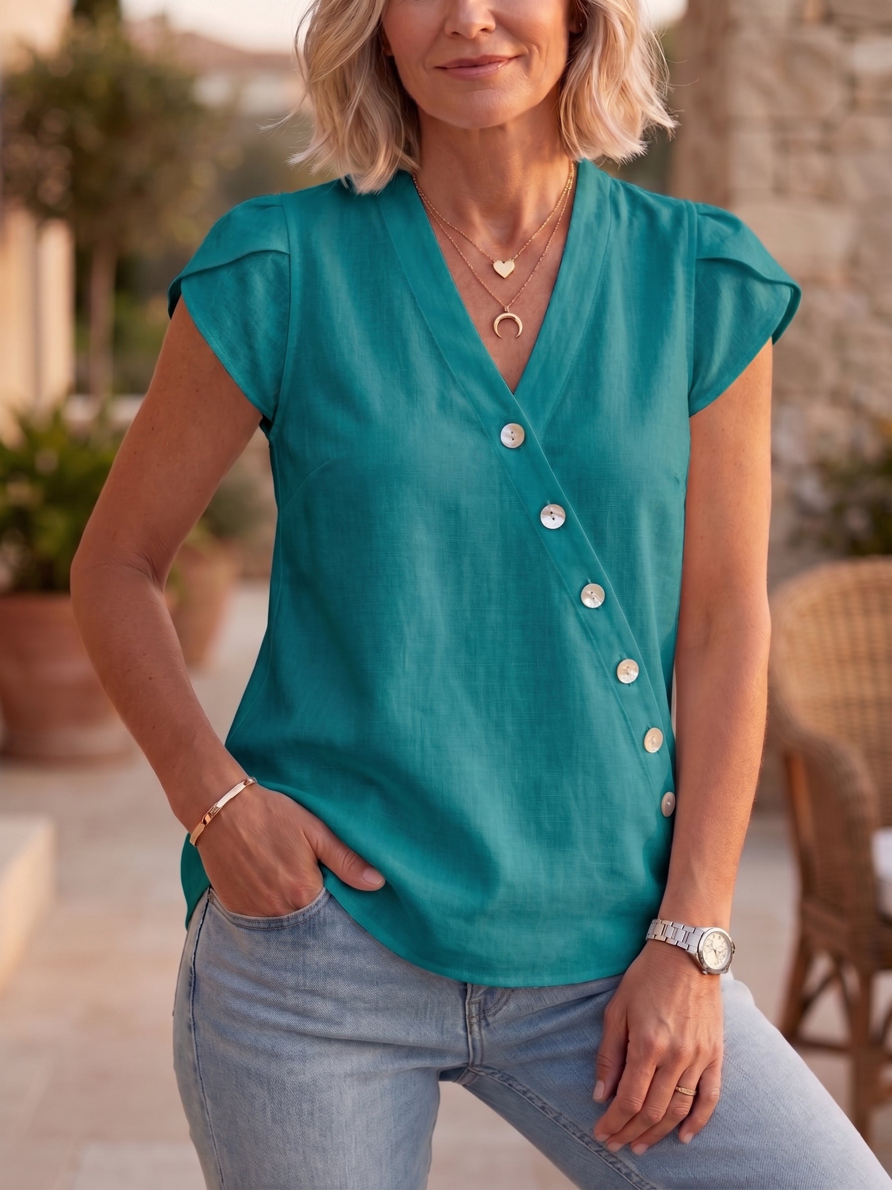 Clearance Sale🔥 Summer Chic Asymmetric V-Neck Linen Top - Breathable Short Sleeve Blouse