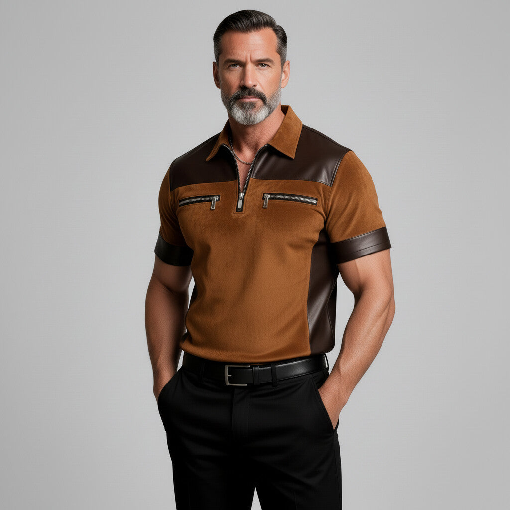 Men's Western Dark Brown PU Leather Patchwork Suede Slim Fit Zipper Polo Shirt