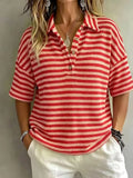 CLEARANCE SALE Women'S Fashion Striped Waffle Short-Sleeved Polo Shirt