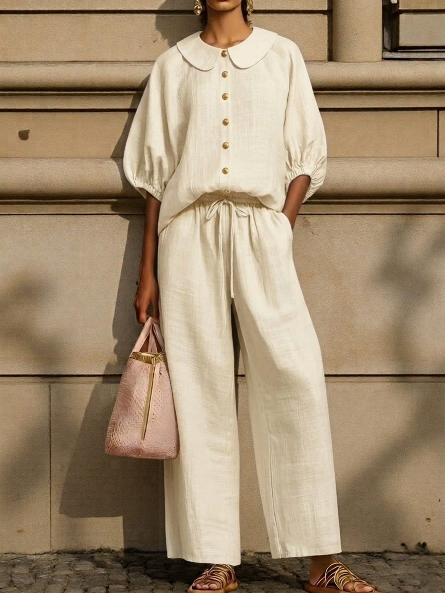 Clearance Sale🔥 Stylish Peter Pan Collar Shirt And Wide-leg Pant Linen Two-piece Set