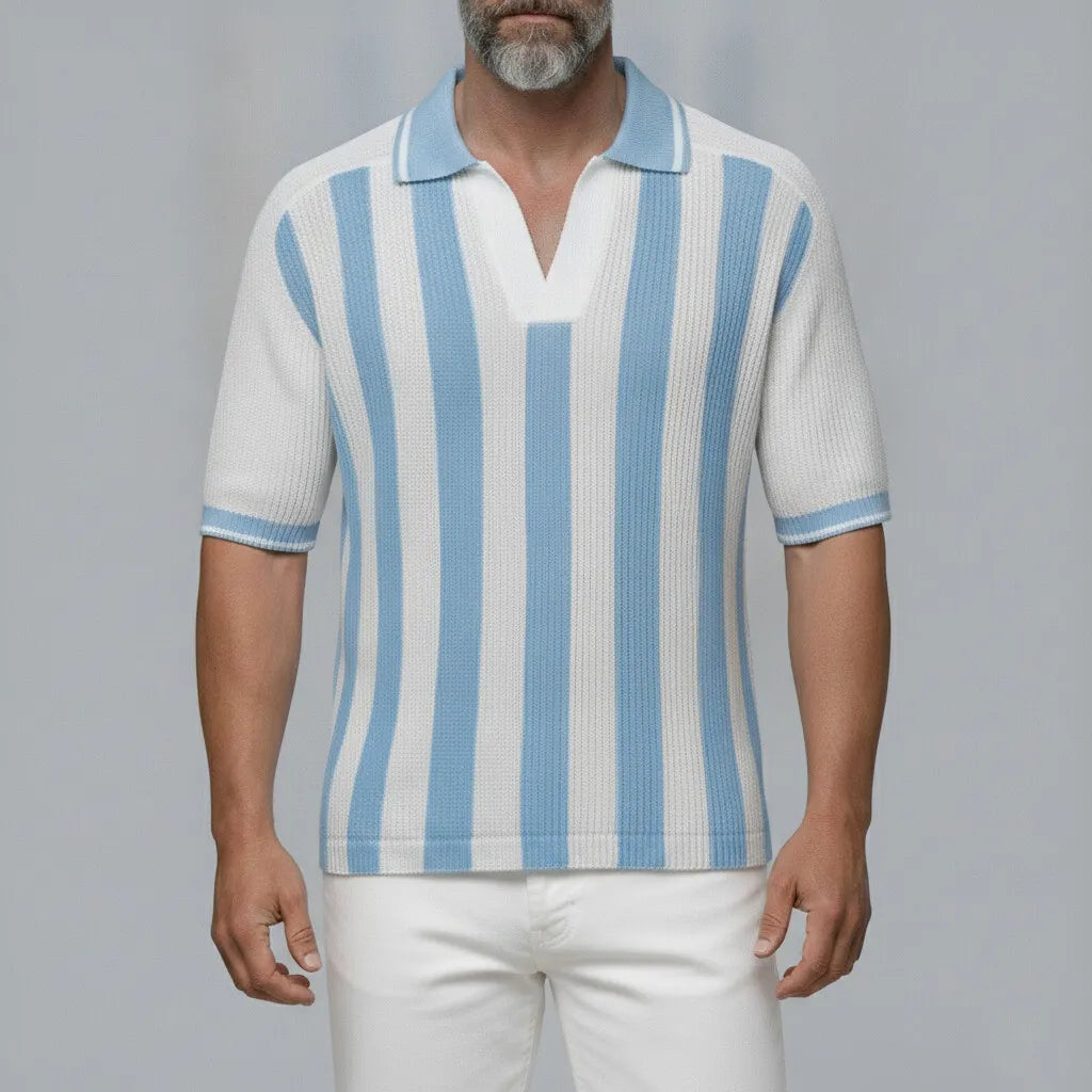 Men's White Contrast Striped Pattern Knitted Short Sleeve Polo Shirt