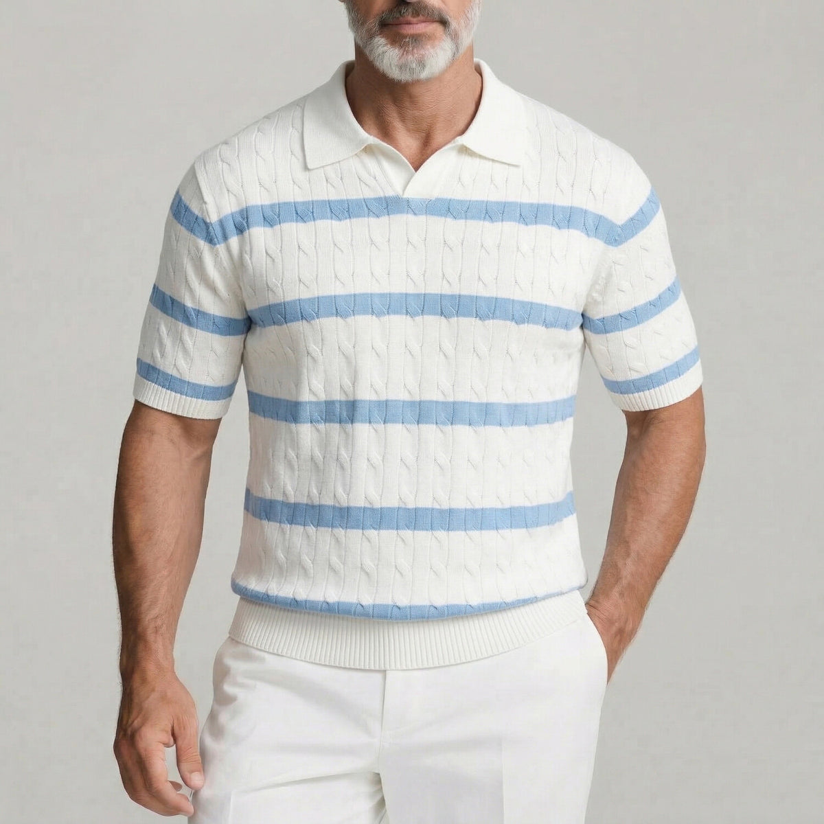 Men's Casual White Cable Knitted Contrast Striped Slim Fit Polo Shirt