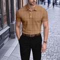Men's Casual Brown Plaid Printed Short-Sleeve Polo Shirt