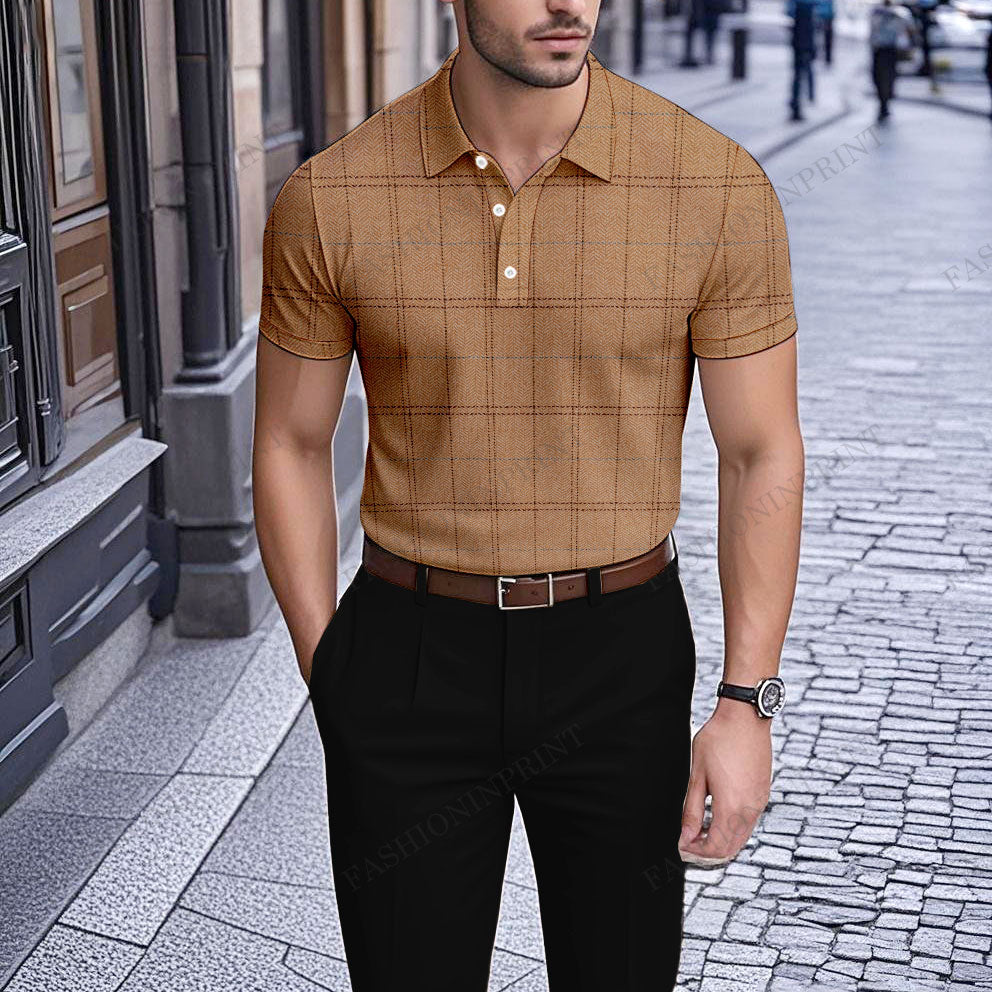 Men's Casual Brown Plaid Printed Short-Sleeve Polo Shirt