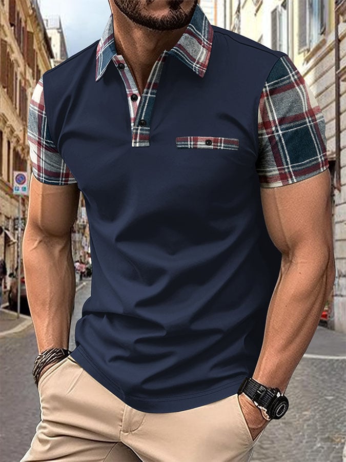 Men'S Casual Patchwork Checked Polo Shirt
