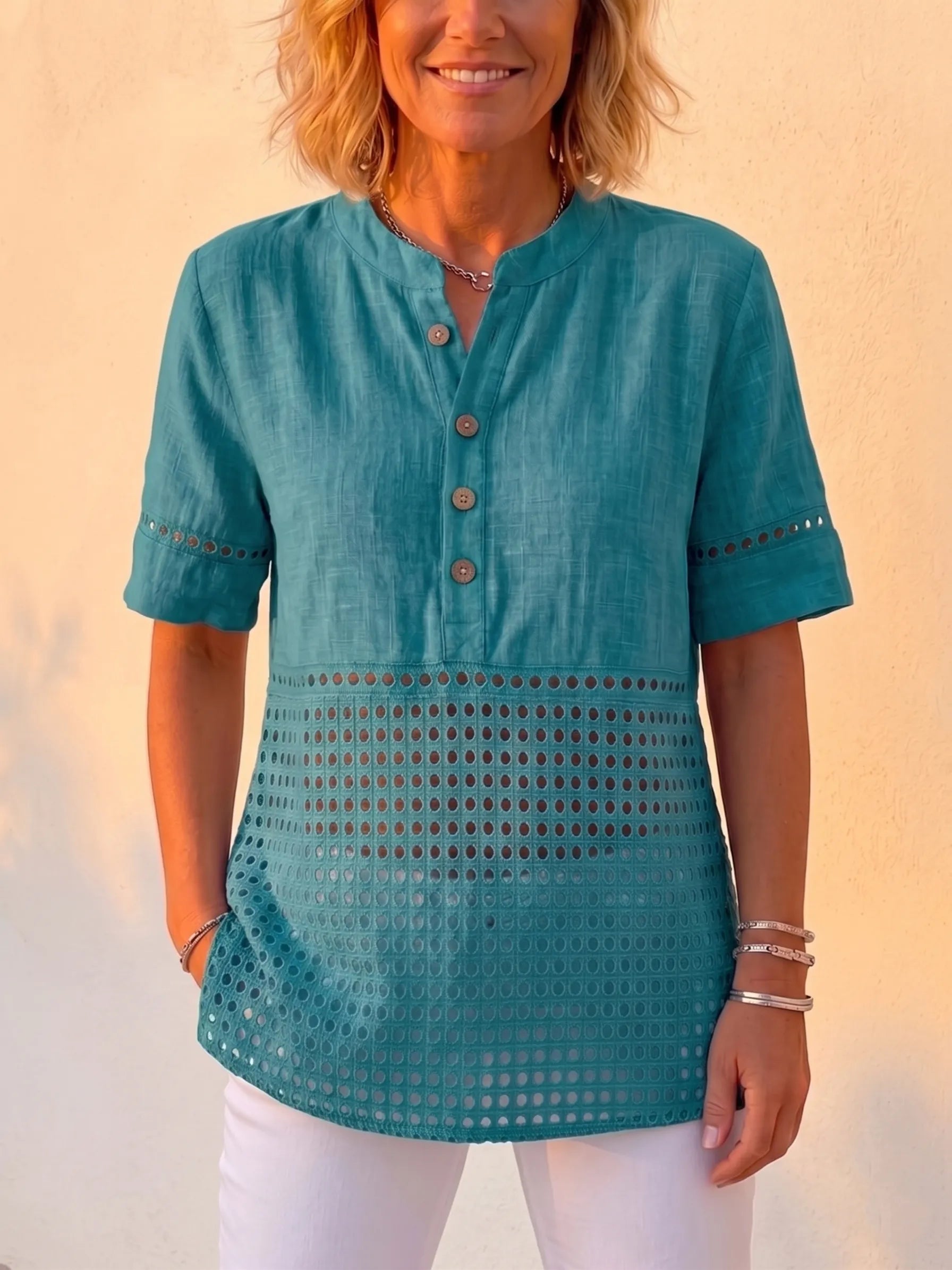 Clearance Sale🔥 Women's Vintage Cotton Linen Eyelet Lace Short Sleeve Shirt, Boho Button-Up Henley Blouse