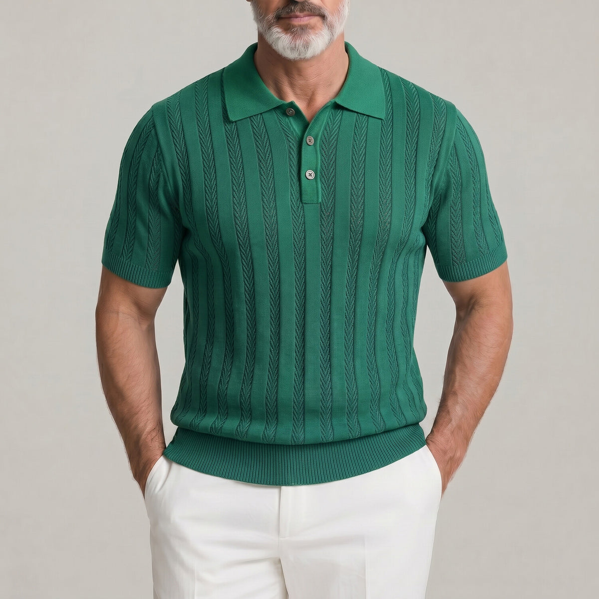Men's Casual Turndown Collar Pit Stripe Herringbone Pattern Knitted Polo Shirt