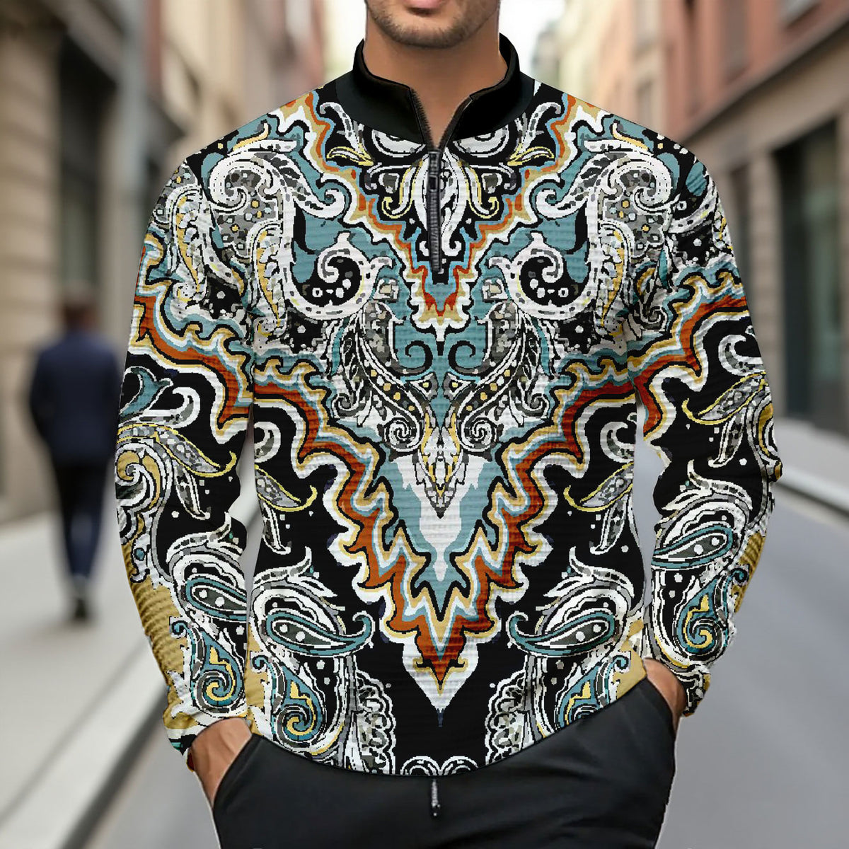 Men's Fashion Casual Stand Collar Zipper Geometric Printed Long-Sleeved T-Shirt