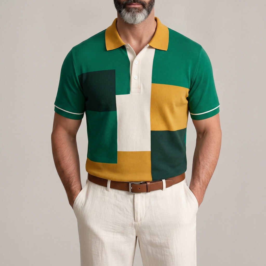 Men's Fashion Colorblock Turndown Collar Short Sleeve Casual Polo Shirt